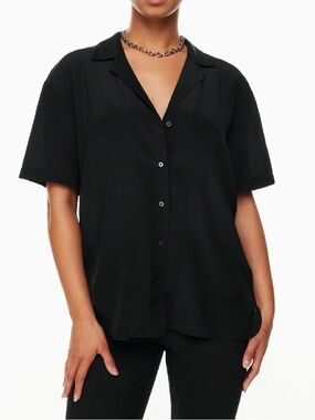 BABATON SILK BLOUSE BLACK SHORT SLEEVE BUTTON FRONT MINIMALIST SIZE M